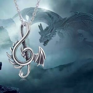 18K White Gold Unisex Dragon Treble Clef Music Note Goth Punk Biker Necklace